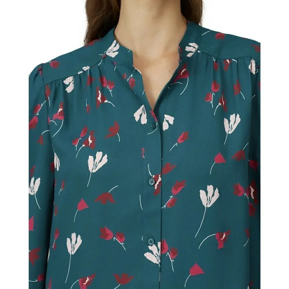 JOIE Women’s Myella Floral Print Blouse Size XXS Teal Long Sleeve Button Top - Picture 6 of 12